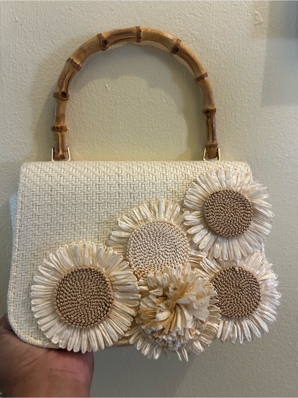 Haute Hippie Cream Straw Mini Top-Handle Bag with Bamboo Handle